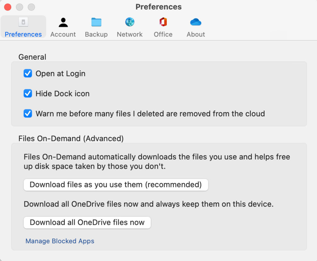 OneDrive preferences on Mac