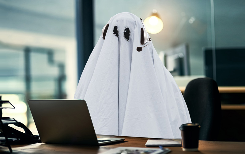 Ghost at desk with headphones