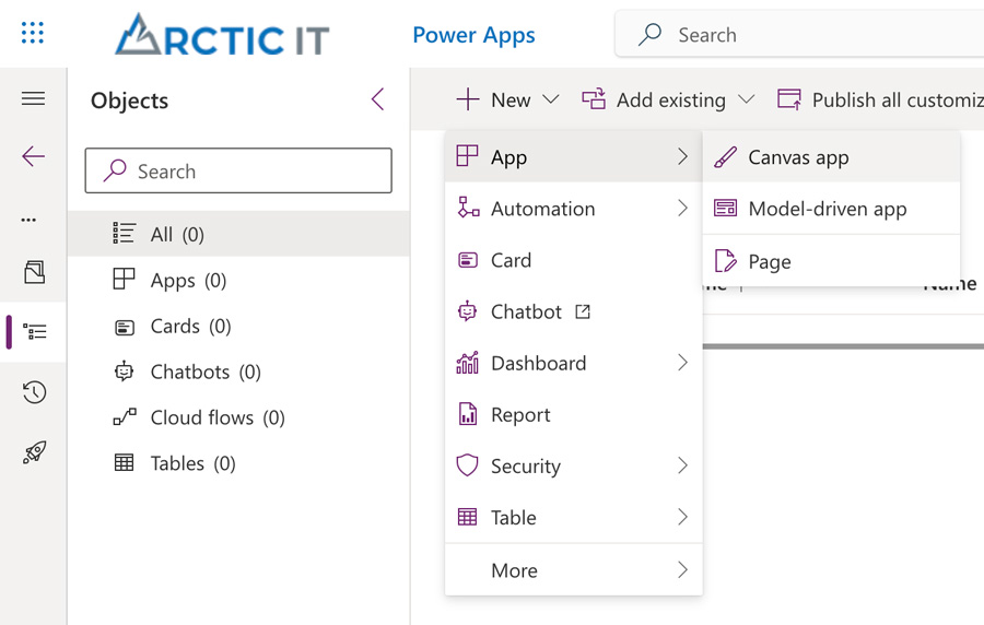 New App Options in Power Apps