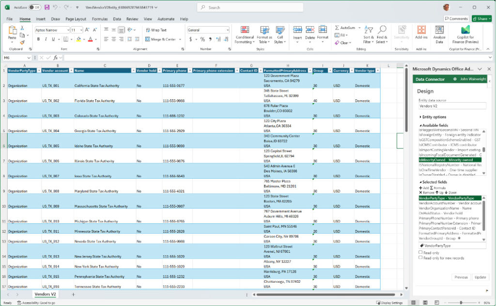 Add or remove column for Vendor Master entity