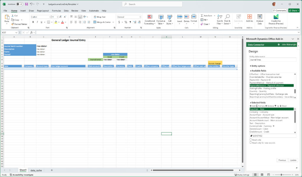 Add or remove columns in Dynamics 365 Finance template