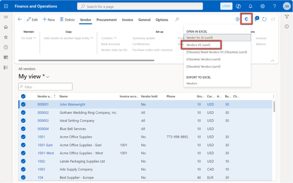 Open in Excel template selection in Dynamics 365 Finance