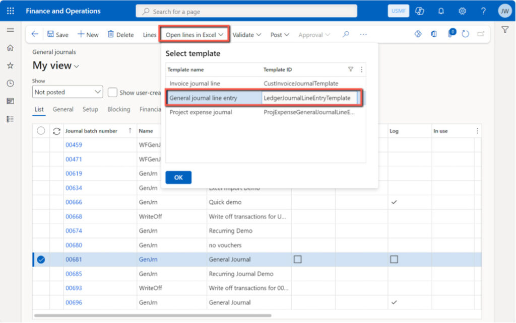 Open lines in Excel for Dynamics 365 Finance