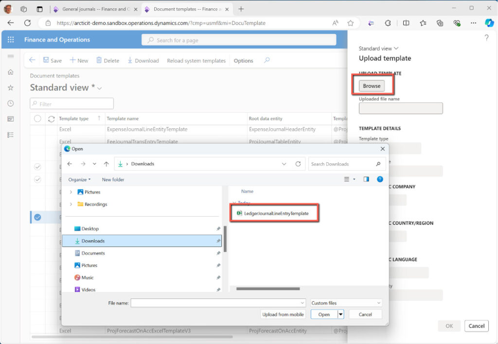 Open modified template in Dynamics 365 Finance