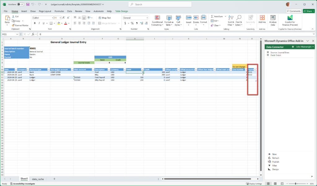 Publish new columns to general ledger journal entry