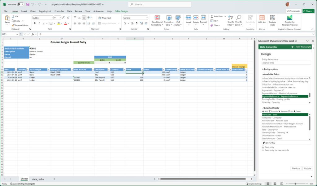 Update fields in ledger journal line