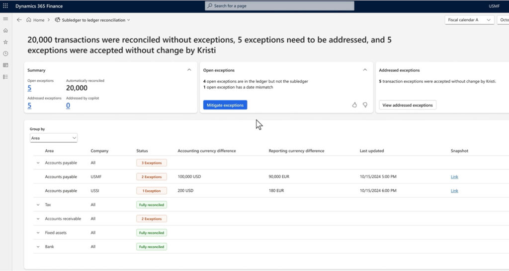 Subledger to ledger reconciliation dashboard