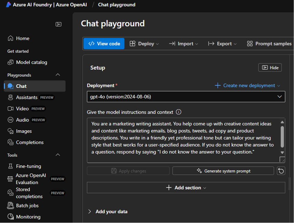 Chat Playground in Azure AI Foundry