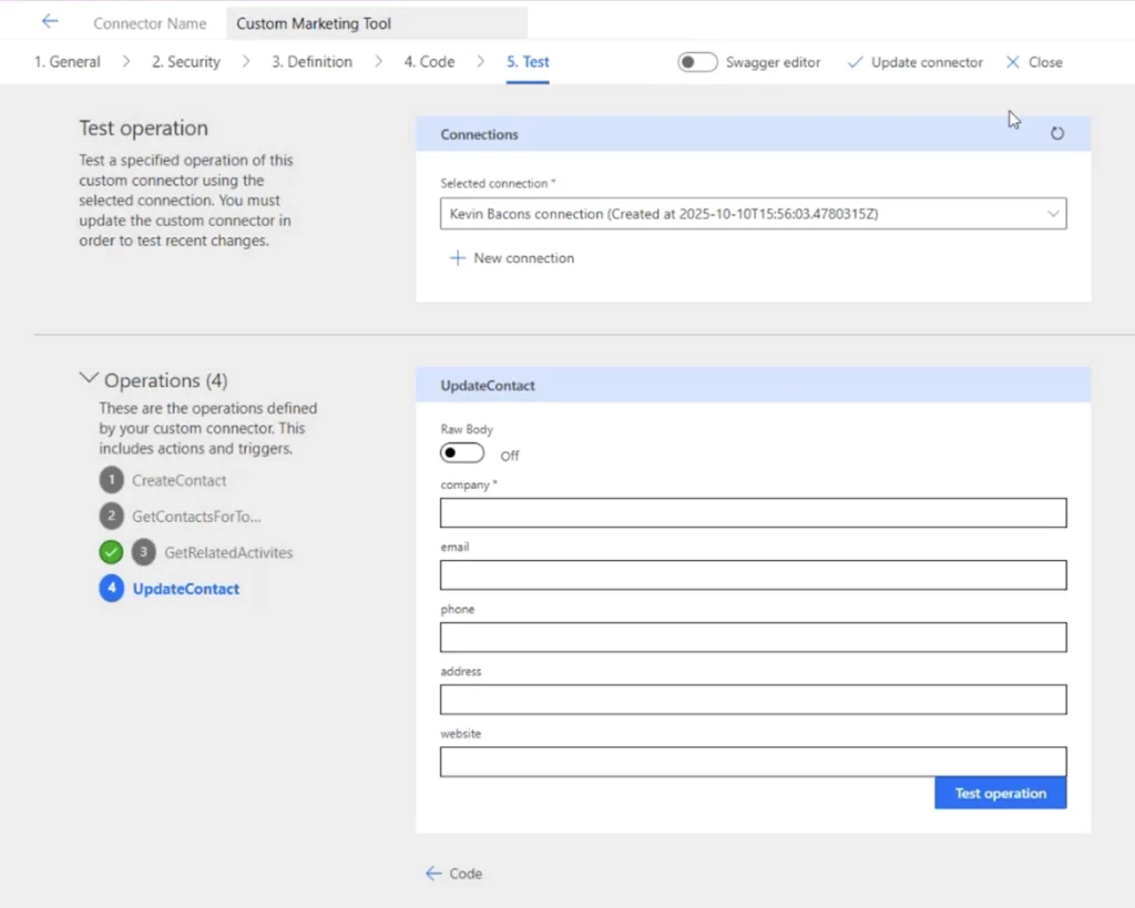 Test the custom connector