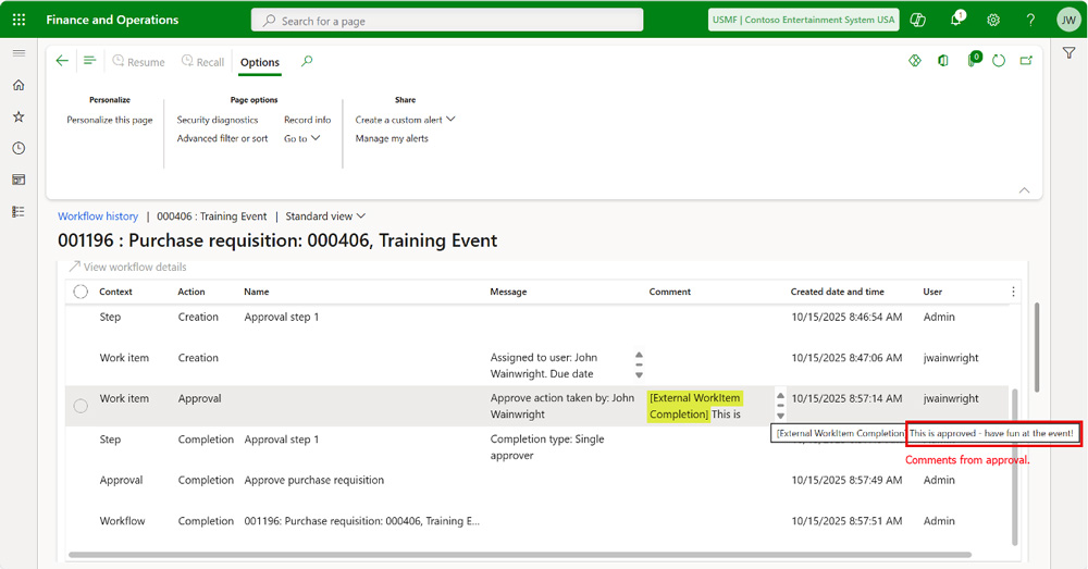 Approved Work Item Example in Dynamics 365 Finance